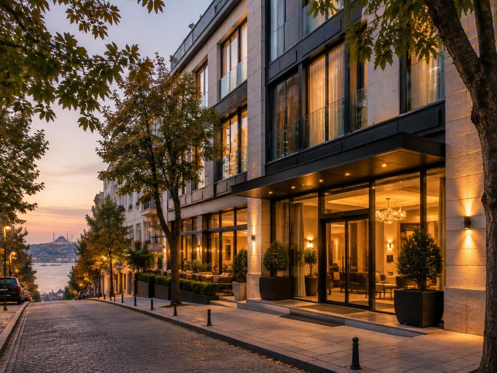 The Elite World Grand hotel entrance at dusk
