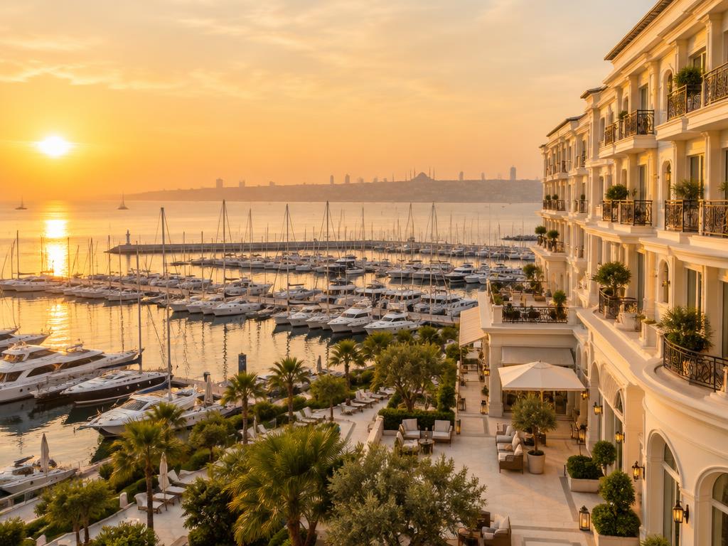 The Wyndham Grand hotel on the Kalamış marina at sunset